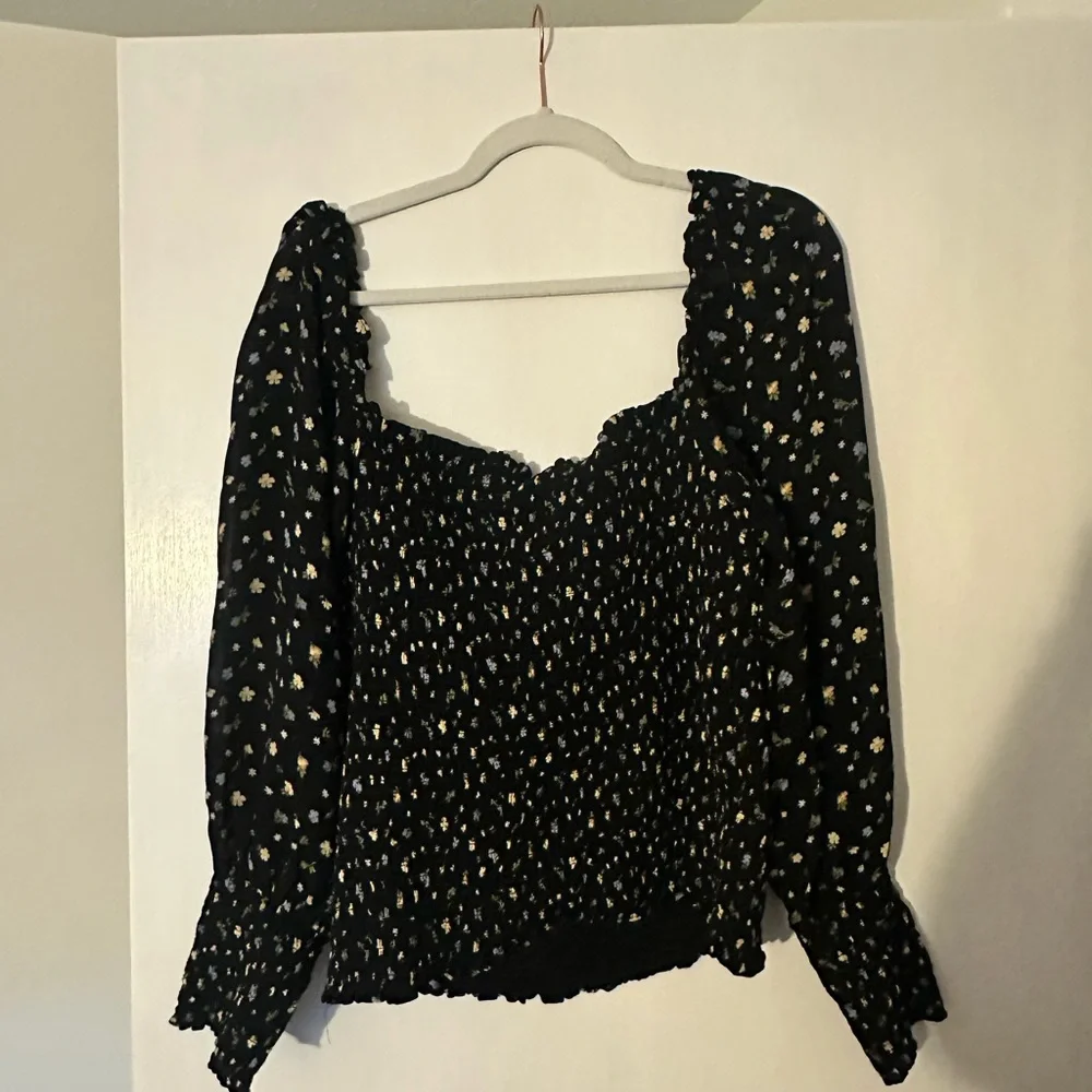 Reformation Black Floral Smocked Long-Sleeve Blouse